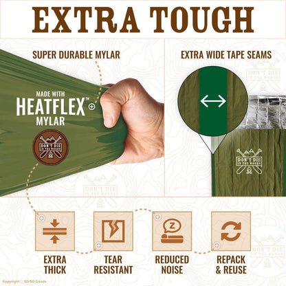 Don’T Die in the Woods - Emergency Sleeping Bag with Hood - Made with Extra Thick Thermal Mylar - 10 Essentials Hiking Camping Blanket, Survival Gear Tactical Car Disaster Bug Out First Aid Kits